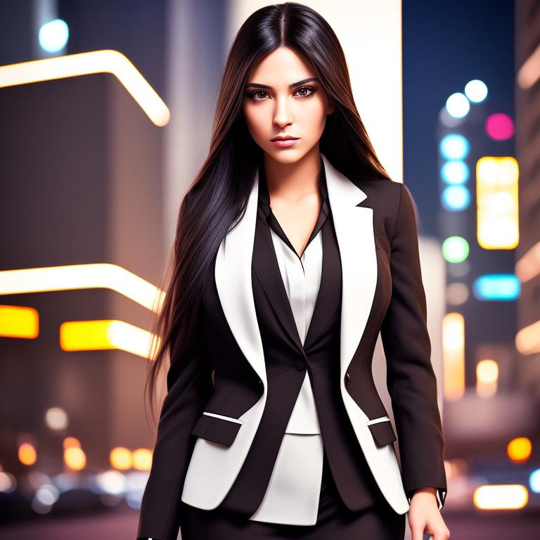 Masterpiece, modern urban style, (((a beautiful lady))) TK_CHAR professional young girl, beautiful brown eyes, eyelashes, long black hair, portrait, closeup, sophisticated professional suit, TK_ENV modern metropolis scene, tall buildings, bustling streets, neon lights , high-definition scene details, ultra-high-definition, HDR. Midjourney prompts