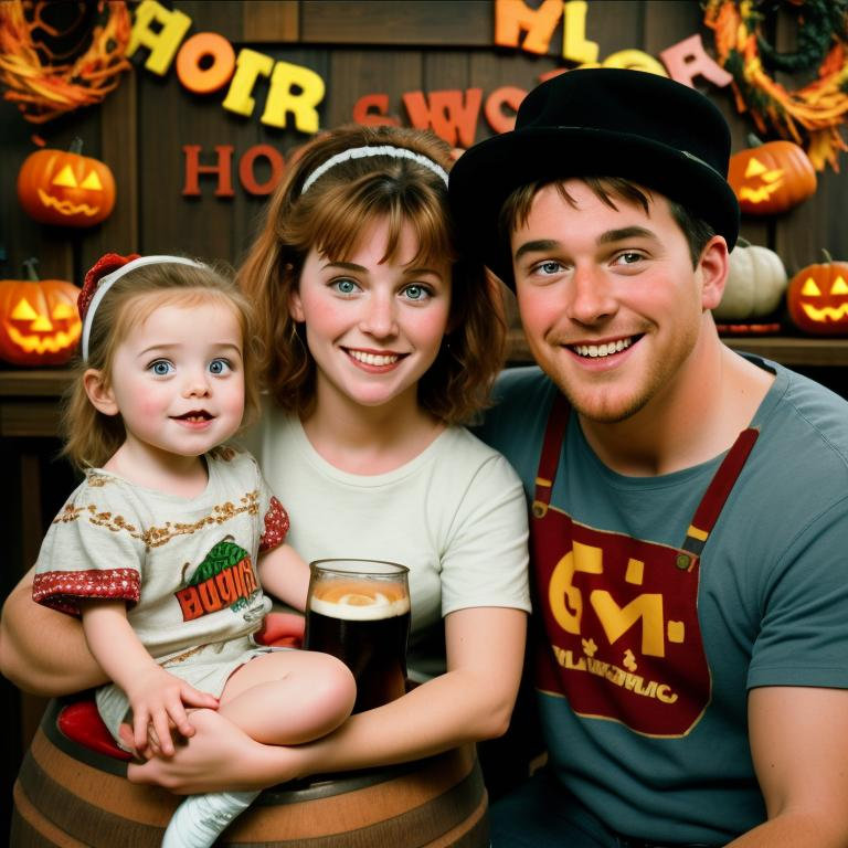 90s cinematic colored sitcom screenshot. young husband with wife portrait. festive scene at a bronze brewery with a wooden keg of enjoying tomato burrito in the center. sitting cute little daughter. Display mugs of dark beer. accompanied by halloween ingredients. Closeup. beautiful eyes. smile. AI prompt