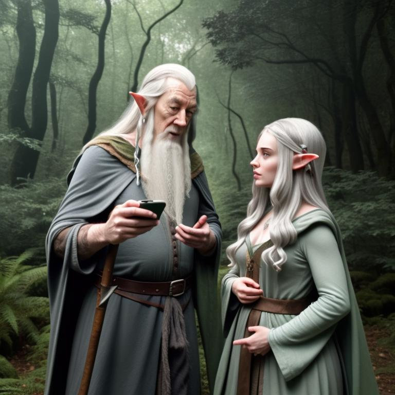phone photo of gandalf in the forest with elf girl, uploaded on snapchat. AI prompt