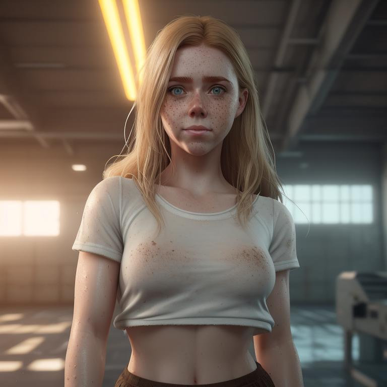 a cute girl with freckles on her face, cgsociety unreal engine, wet t-shirt, short skirt, style of aenami alena, trending on artstartion, inspired by Fyodor Vasilyev, looks a bit similar to amy adams, emissive light, fluffy skin, blonde, dribbble, dramatic rendering. sweet smile, brown eyes. AI prompt